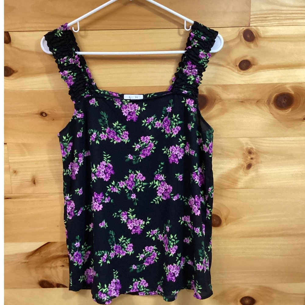 Pleione Women Black Purple Floral Square Neck Smocked Strap Tank‎ Top Small
